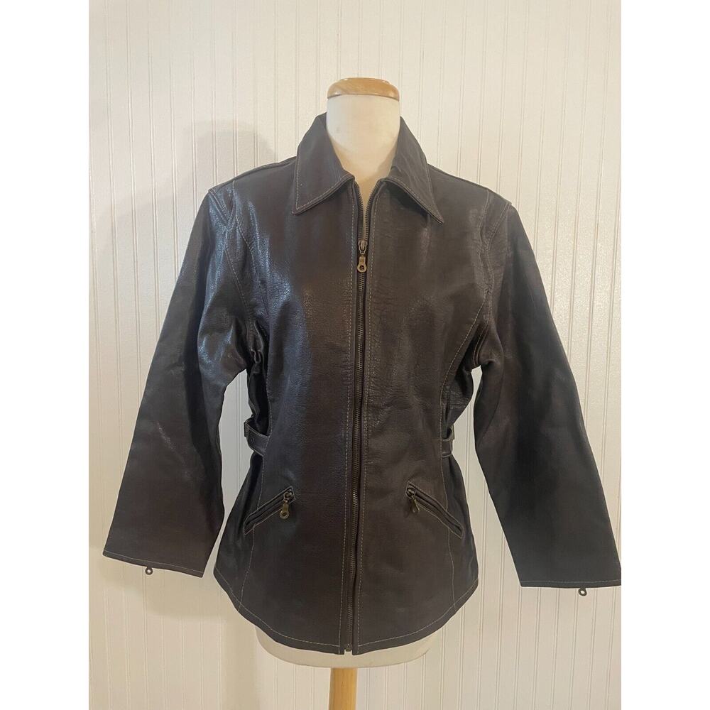 JESSI LEE DK. BROWN PEBBLE LEATHER COAT/JACKET WITH BUCKLES ON THE SIDES SZ M/M